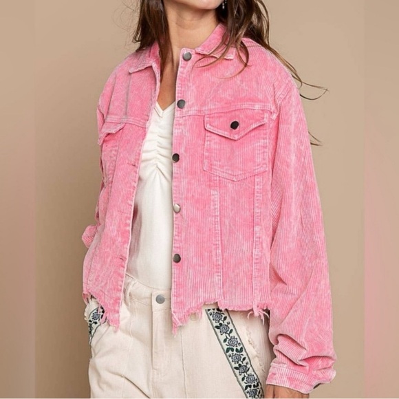 POL Boho Hippie Bubblegum Pink Oversized Distressed Corduroy Jacket Size L - Picture 1 of 14